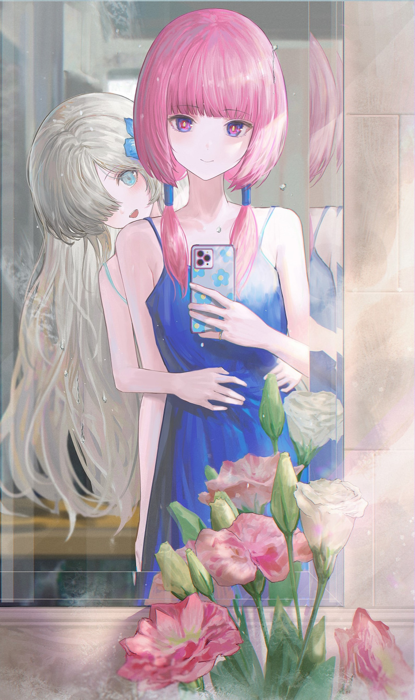 2girls absurdres alternate_costume arm_at_side bathroom behind_another blue_dress blue_eyes blunt_bangs bouquet closed_mouth dress flower grey_hair hair_flower hair_ornament hair_over_one_eye hair_over_shoulder hair_tubes hands_on_another's_waist highres holding holding_phone indoors isekai_joucho kaf_(kamitsubaki_studio) kamitsubaki_studio light_blush long_hair looking_at_mirror looking_at_viewer looking_to_the_side low_twintails mirror multicolored_eyes multiple_girls one_eye_covered open_mouth peeking_out phone pink_flower pink_hair pov red_eyes reflection rklslred2578 selfie sleeveless sleeveless_dress smile spaghetti_strap tile_wall tiles twintails virtual_youtuber water_drop wavy_hair white_flower yellow_pupils