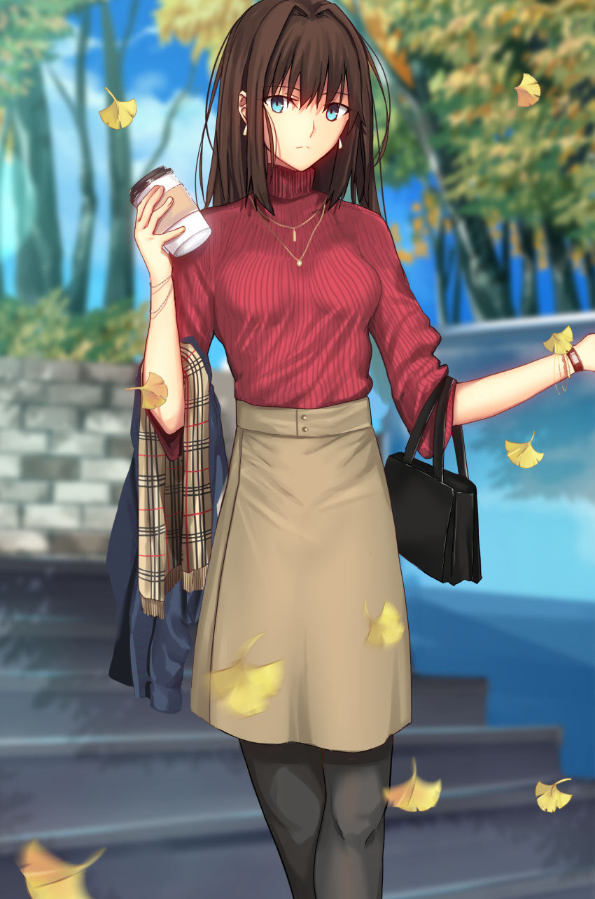 1girl alternate_costume aozaki_aoko autumn_leaves bag black_bag black_pantyhose blue_eyes blue_sky blurry blurry_background breasts brown_hair closed_mouth cloud commentary_request cup day disposable_cup earrings expressionless grey_skirt hair_between_eyes hair_intakes handbag high-waist_skirt highres holding holding_cup iro_(sekaixiro) jewelry long_hair looking_at_viewer mahou_tsukai_no_yoru medium_breasts necklace outdoors pantyhose red_sweater ribbed_sweater skirt sky sleeves_rolled_up solo stairs sweater turtleneck turtleneck_sweater