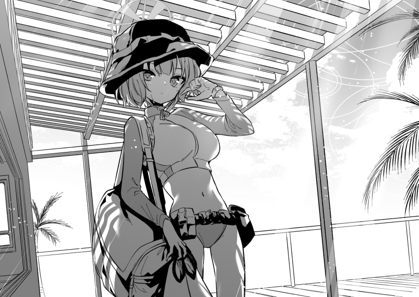 1girl belt belt_pouch bikini bikini_bottom_only black_belt black_headwear blue_archive breasts bucket_hat coconut_tree halo hand_up hat long_sleeves looking_at_viewer medium_breasts medium_hair monochrome navel nogiwa_kaede official_alternate_costume palm_tree pouch rash_guard saki_(blue_archive) saki_(swimsuit)_(blue_archive) solo swimsuit tree utility_belt