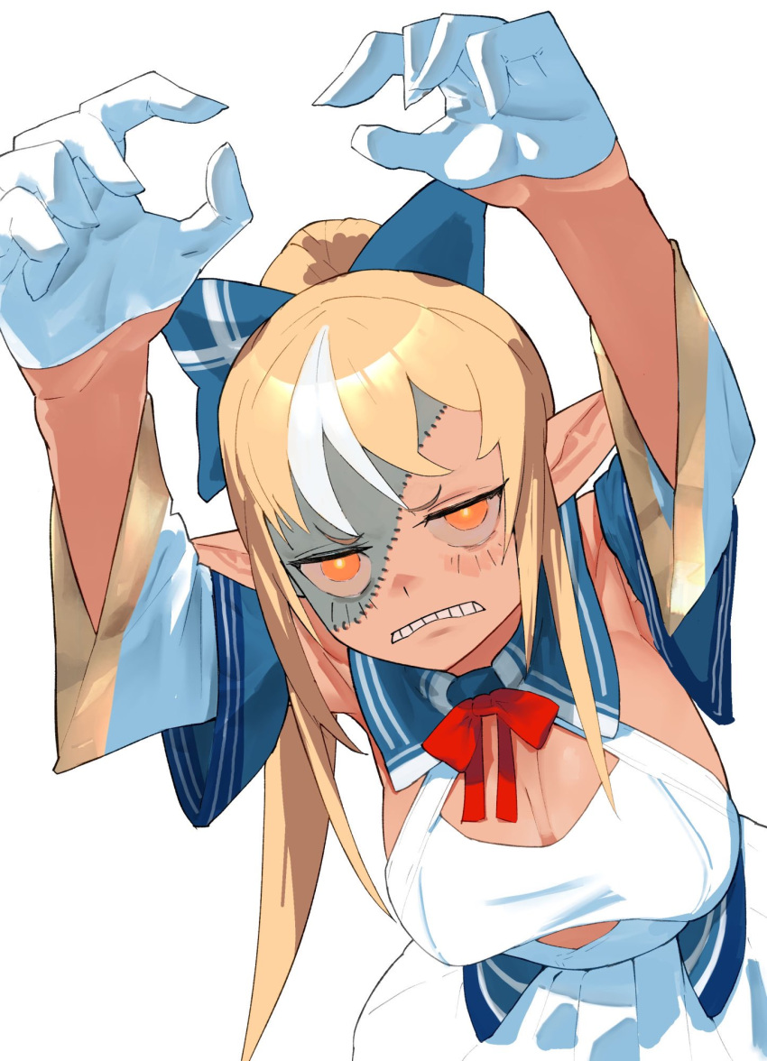 1girl blonde_hair blue_bow blue_collar bow breasts cleavage collar criss-cross_halter dark-skinned_female dark_skin detached_collar detached_sleeves dress gloves hair_bow halterneck highres hololive large_breasts long_hair looking_at_viewer multicolored_hair orange_eyes patchwork_skin pointy_ears ponytail red_bow shiranui_flare shiranui_flare_(1st_costume) solo streaked_hair uzuradobin virtual_youtuber white_background white_dress white_gloves white_hair white_sleeves