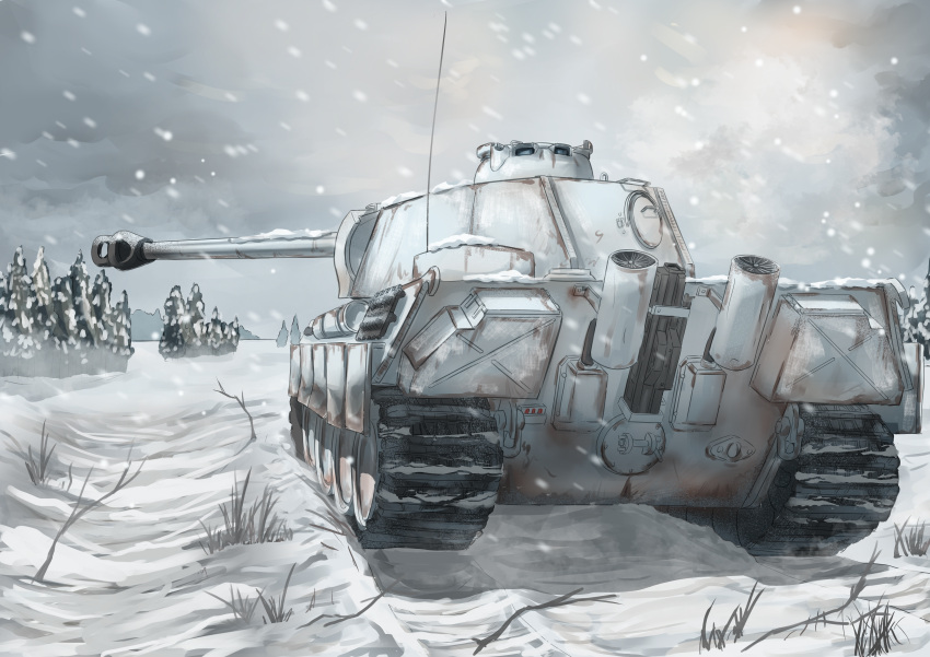 absurdres blizzard cannon caterpillar_tracks dirty exhaust_pipe forest grass highres military military_vehicle motor_vehicle nature panzerboy panzerkampfwagen_panther pine_tree radio_antenna real_life road scenery smoke snow tank tree turret world_war_ii