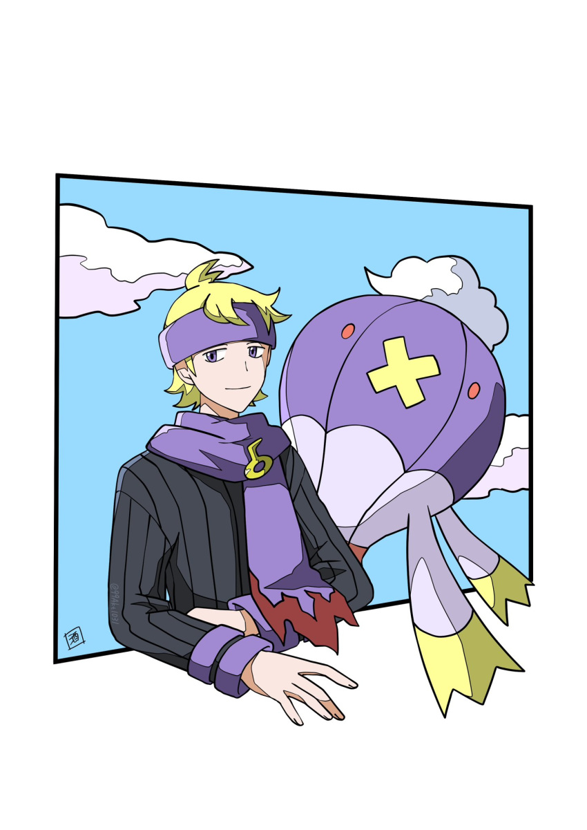 1boy 99akt1031 black_sweater blonde_hair border closed_mouth cloud drifblim headband highres long_sleeves male_focus morty_(pokemon) pokemon pokemon_(creature) pokemon_(game) pokemon_hgss purple_eyes purple_headband purple_scarf scarf short_hair sky smile sweater white_border