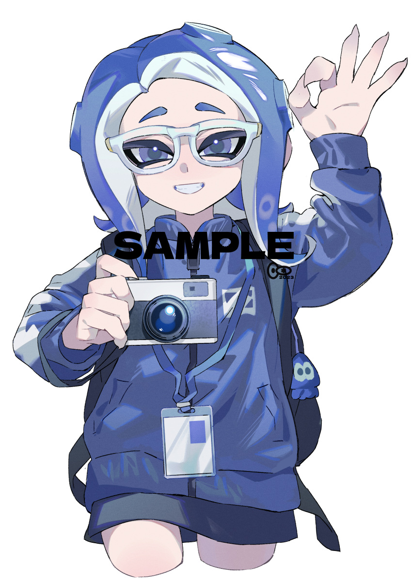 1girl absurdres backpack bag blue_eyes blue_hair blue_jacket blue_theme camera commentary_request glasses highres holding holding_camera jacket lanyard looking_at_viewer medium_hair neet_xing octoling octoling_girl ok_sign sample_watermark simple_background smile solo splatoon_(series) teeth tentacle_hair watermark white-framed_eyewear white_background