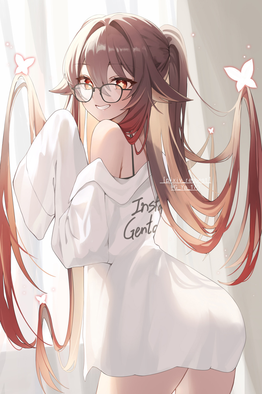 1girl bespectacled black-framed_eyewear brown_eyes brown_hair clothes_writing commentary_request commission flower-shaped_pupils from_behind genshin_impact glasses grin gya_(144) highres hu_tao_(genshin_impact) long_hair looking_at_viewer pixiv_commission pixiv_id shirt sleeves_past_fingers sleeves_past_wrists smile solo symbol-shaped_pupils very_long_hair white_shirt