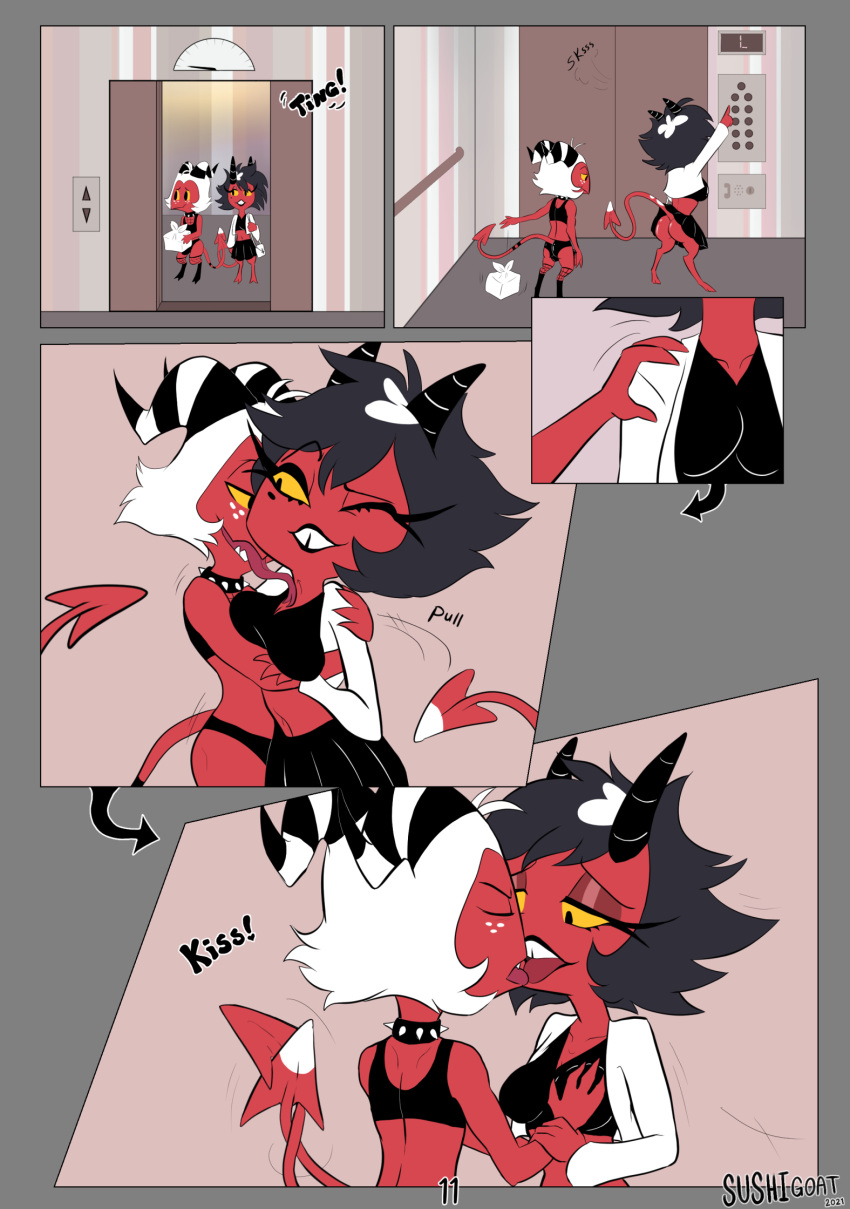 anthro black_hair butt comic demon digital_media_(artwork) elevator female hair helluva_boss hi_res horn humanoid imp kissing male millie_(helluva_boss) moxxie_(helluva_boss) red_body sushigoat tail white_hair yellow_sclera