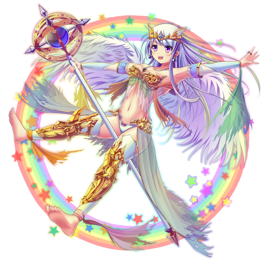 1girl barefoot breasts collarbone detached_sleeves earrings feathered_wings full_body highres holding holding_staff jewelry long_hair navel noru_(take011000) original purple_eyes rainbow solo staff star_(symbol) teeth upper_teeth_only white_background wings