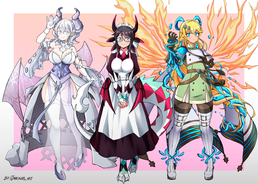 3girls apron black_hair blonde_hair blue_eyes braid breasts cleavage crown_braid demon_girl demon_horns demon_wings dragon_girl dragon_horns dragon_tail dragon_wings dress duel_monster epaulettes exosister_elis exosister_mikailis glasses gloves green_eyes grey_eyes hair_ornament highres holding horns house_dragonmaid jarckius lace-trimmed_apron lace_trim large_breasts leotard leotard_under_clothes long_hair long_sleeves looking_at_viewer lovely_labrynth_of_the_silver_castle low_wings maid maid_apron maid_headdress multiple_girls multiple_wings pink_hair pointy_ears smile spread_cleavage star_(symbol) star_hair_ornament tail thighhighs transparent_wings twintails white_hair white_horns wings yu-gi-oh! yu-gi-oh!_master_duel