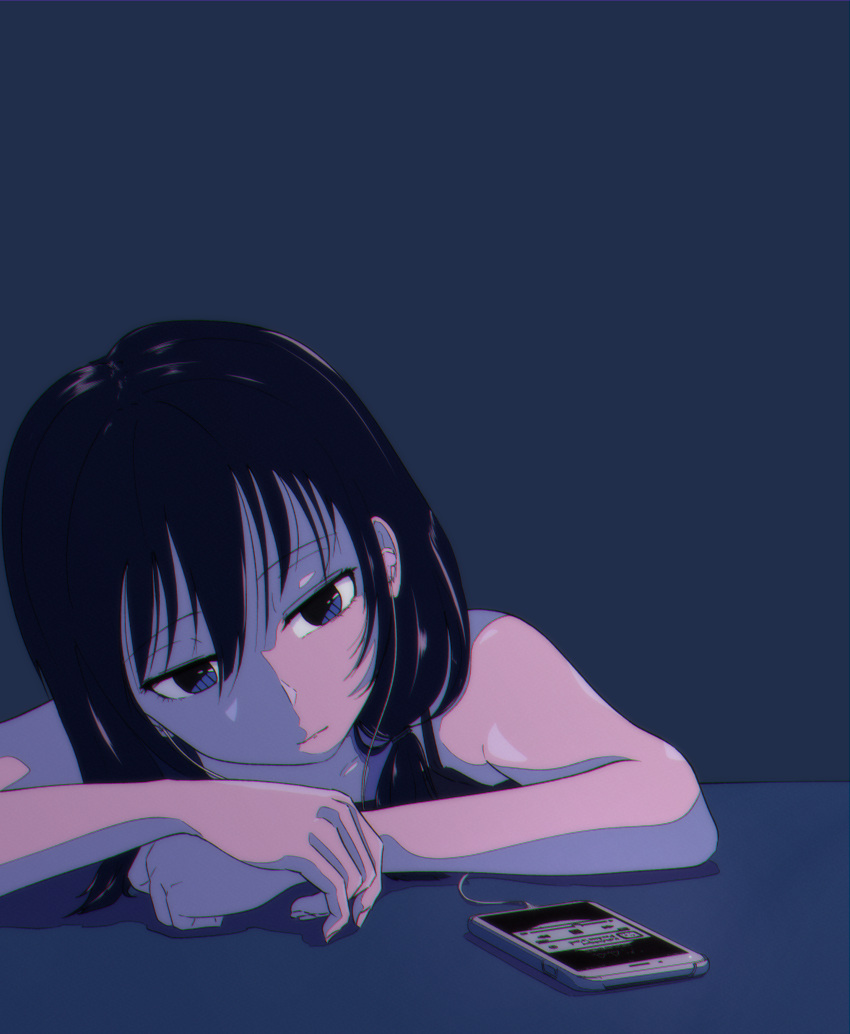 1girl 5_rebbeccas absurdres bare_shoulders black_camisole black_hair blue_background blue_eyes camisole cellphone commentary earphones elbow_rest english_commentary highres listening_to_music long_hair looking_down low_twintails parted_lips phone simple_background smartphone solo tamura_yuri twintails upper_body watashi_ga_motenai_no_wa_dou_kangaetemo_omaera_ga_warui!