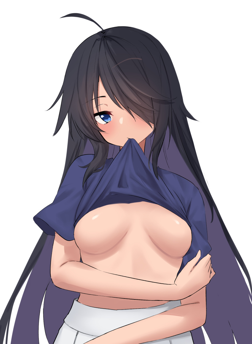 1girl ahoge black_hair blue_eyes blue_shirt breasts clothes_lift hair_over_one_eye highres kako_(kancolle) kantai_collection lanthan lifted_by_self long_hair medium_breasts mouth_hold no_bra official_alternate_costume shirt shirt_lift short_sleeves skirt solo t-shirt very_long_hair white_skirt