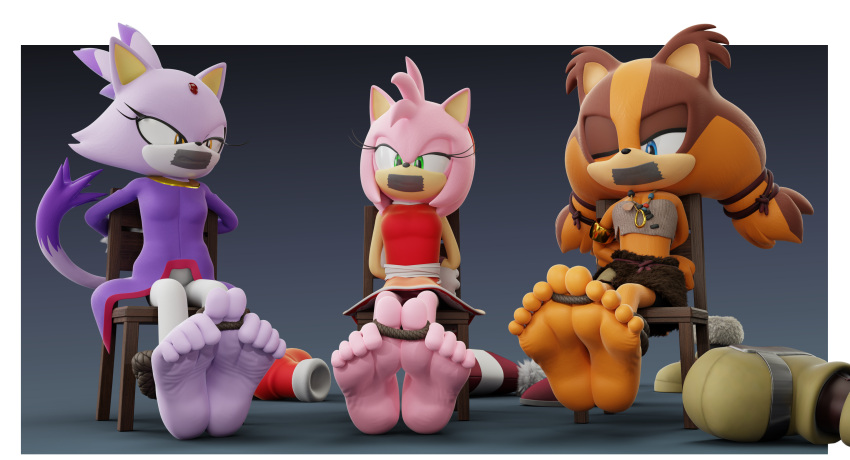 3d_(artwork) absurd_res amy_rose badger barefoot blaze_the_cat bound chair digital_media_(artwork) domestic_cat eulipotyphlan feet feetymcfoot felid feline felis furniture gag group hedgehog hi_res mammal mustelid musteline sega soles sonic_boom sonic_the_hedgehog_(series) sticks_the_jungle_badger tape tape_gag toes