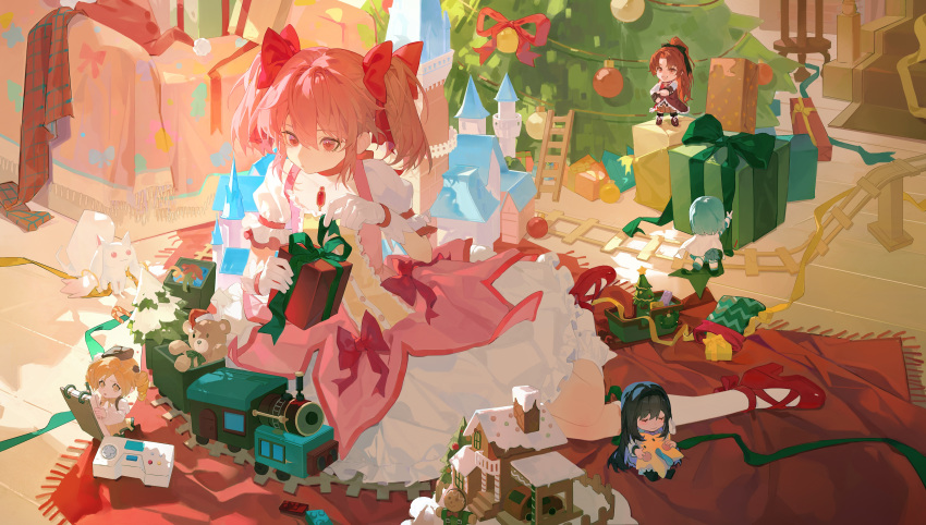 5girls absurdres akemi_homura bow box bubble_skirt choker christmas christmas_tree collarbone dress dress_bow frilled_socks frills from_above full_body gift gift_box gingerbread_house gloves hair_bow highres holding holding_gift indoors kaname_madoka kneehighs kyubey ladder magical_girl mahou_shoujo_madoka_magica mahou_shoujo_madoka_magica_(anime) miki_sayaka mini_person minigirl multiple_girls notepad on_floor pink_dress pink_eyes pink_hair puffy_short_sleeves puffy_sleeves red_choker red_footwear rug sakura_kyoko shoes short_hair short_sleeves short_twintails sitting skirt socks solo_focus tomoe_mami toy toy_train tusi22 twintails unwrapping white_gloves white_skirt white_socks yokozuwari