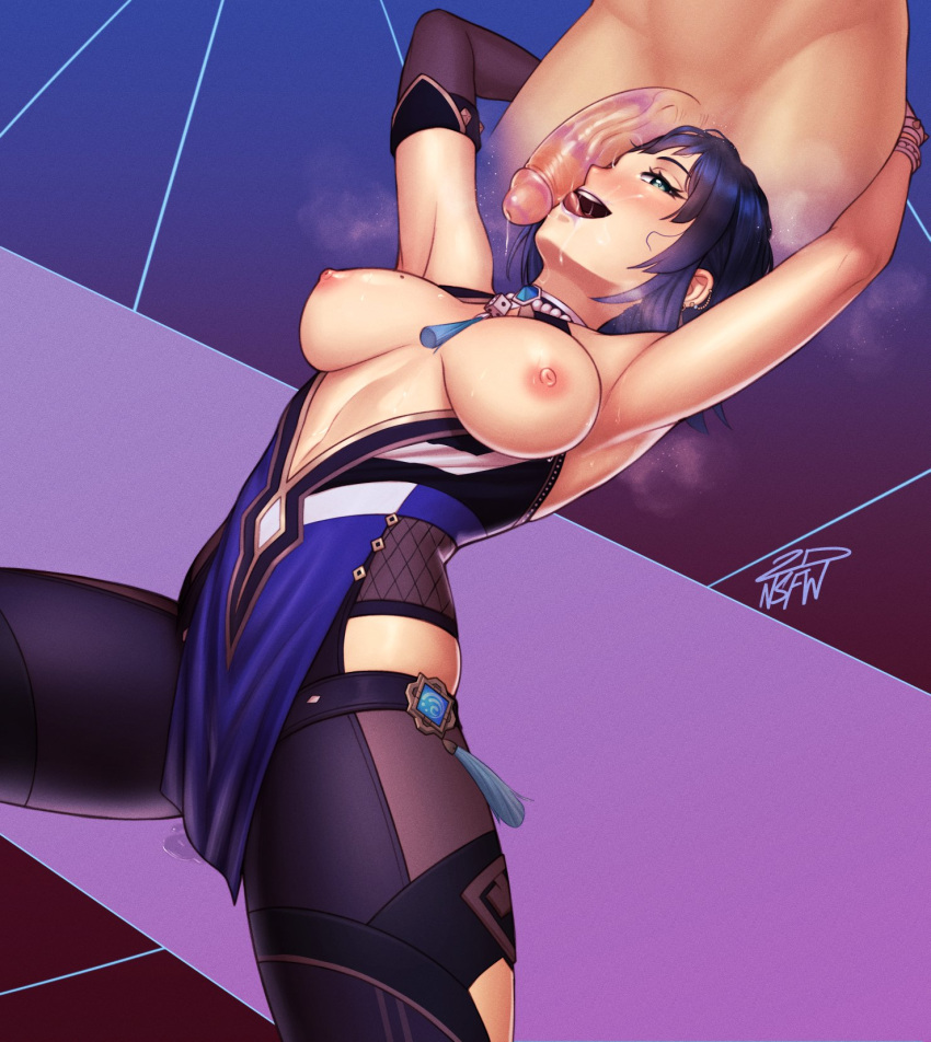1boy 1girl 2dswirl after_fellatio armpits asymmetrical_gloves blue_hair breasts breasts_out cum dice earrings fellatio genshin_impact gloves highres irrumatio jewelry large_breasts licking licking_penis lipstick_mark looking_at_viewer lying messy_hair mismatched_gloves mole mole_on_breast multicolored_hair oral penis penis_on_face purple_lips saliva short_hair yelan_(genshin_impact)
