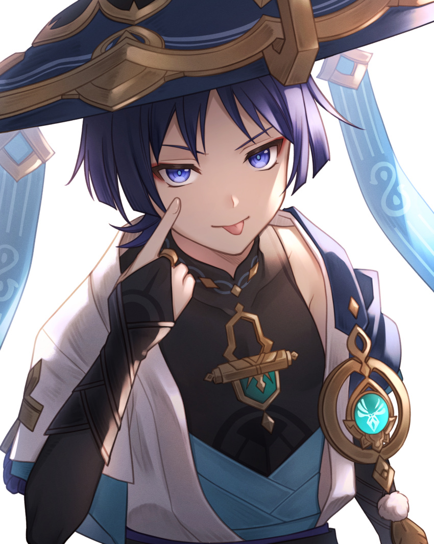 1boy :p absurdres akanbe annno_ans armor black_shirt blunt_ends finger_to_eye genshin_impact hat highres index_finger_raised japanese_armor jingasa kote kurokote looking_at_viewer male_focus mandarin_collar open_clothes purple_eyes purple_hair scaramouche_(genshin_impact) shirt short_hair short_sleeves solo tongue tongue_out upper_body v-shaped_eyebrows wanderer_(genshin_impact) white_background