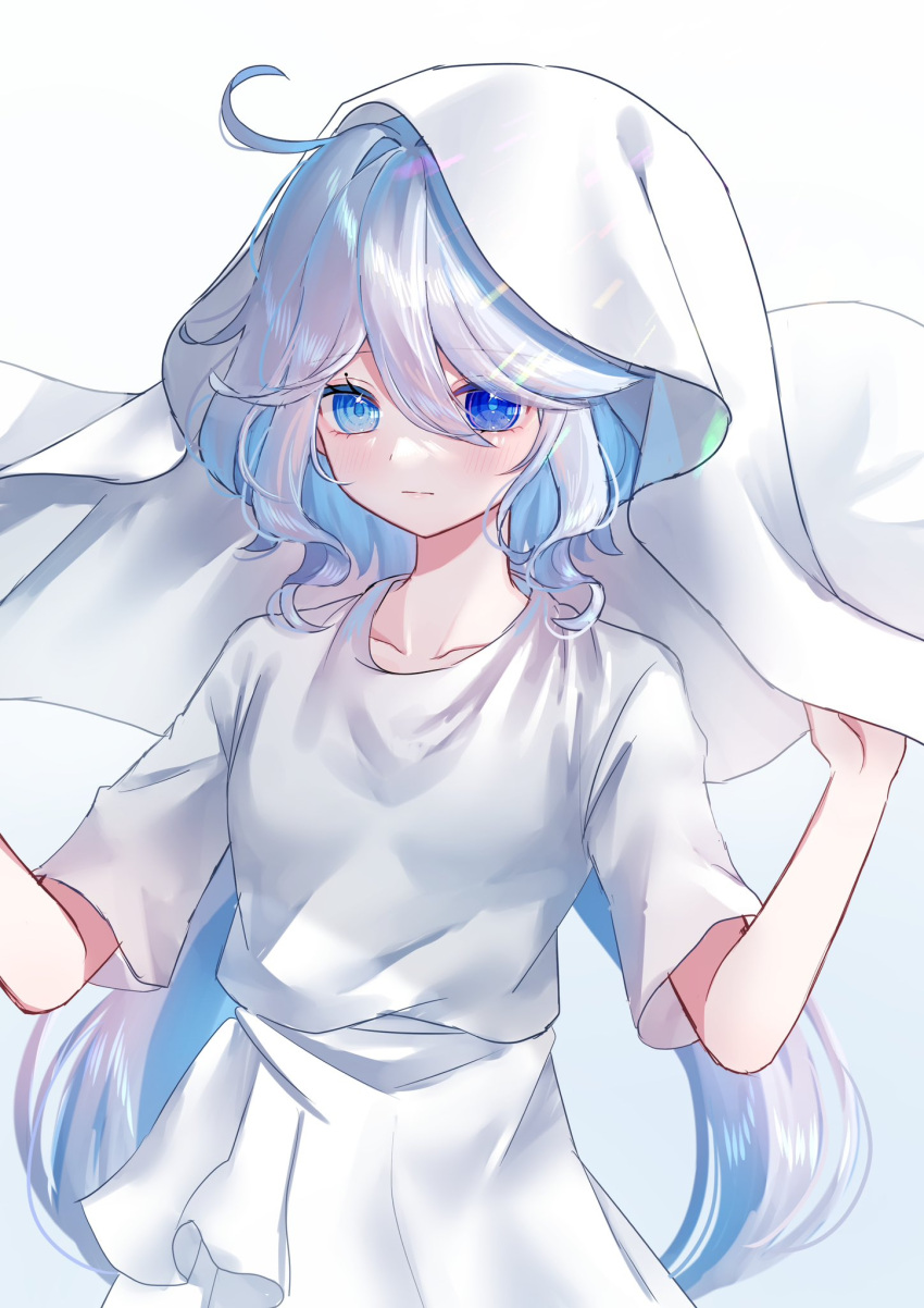 1girl ahoge blue_eyes blush closed_mouth collarbone commentary_request dress drop-shaped_pupils eyelashes furina_(genshin_impact) genshin_impact hair_between_eyes hair_intakes hands_up heterochromia highres hood hood_up long_hair looking_at_viewer mochi_mochi052 short_sleeves sidelocks simple_background solo symbol-shaped_pupils white_background white_dress white_hair white_hood