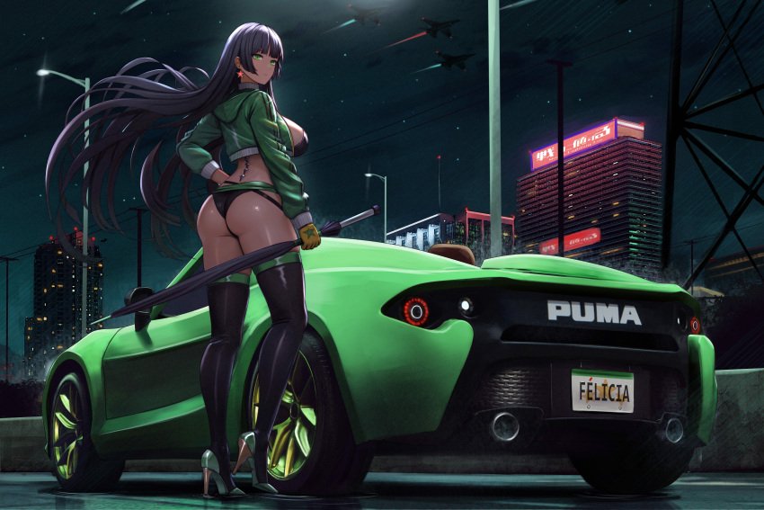 1girl absurdres aircraft airplane aqua_footwear ass bikini black_bikini black_thighhighs breasts building car character_name commentary commission dark-skinned_female dark_skin felicia_castro fighter_jet from_behind full_body gloves green_eyes green_jacket hand_on_own_hip high_heels highres holding holding_umbrella jacket jet kcar66t lamppost large_breasts license_plate long_hair long_sleeves military military_vehicle motor_vehicle night night_sky original outdoors pixiv_commission power_lines race_queen single_glove sky solo sports_car star_(sky) starry_sky swimsuit thighhighs umbrella utility_pole vehicle_focus vehicle_request yellow_gloves