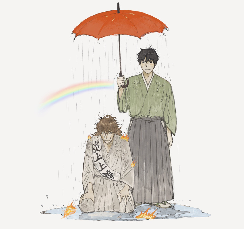 2boys behind_another black_eyes black_hair black_skirt blush brown_hair burning_clothes burnt burnt_hair closed_mouth commentary fire full_body glaring green_kimono grey_background hakama hakama_skirt hand_up hands_on_own_thighs highres holding holding_umbrella japanese_clothes kimono long_hair looking_at_another looking_at_viewer male_focus messy_hair multiple_boys original ponytail puddle q-gou_(no_nine_84) rain rainbow sakamoto_ryouma_(niconico) sash seiza shared_umbrella short_hair sitting skirt smile standing symbol-only_commentary tabi takamori_saigou_(niconico) umbrella v-shaped_eyebrows wet wet_clothes white_kimono white_sash wide_sleeves zouri