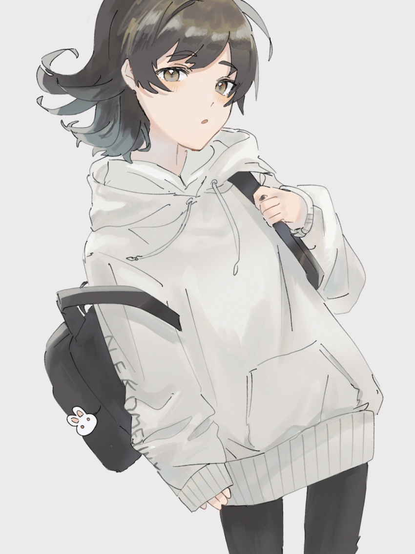 1girl aged_up alternate_costume alternate_hairstyle backpack bag black_bag brown_hair dutch_angle grey_hoodie hair_down highres hood hood_down hoodie kaai_yuki looking_at_viewer r_grey1204 rabbit_ornament solo strap_slip surprised vocaloid