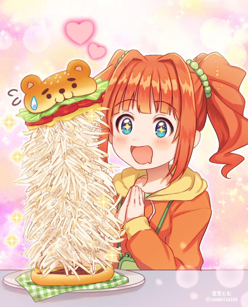 +_+ 1girl artist_name bean_sprout blue_eyes bow brown_hair burger cheese dot_nose drooling flying_sweatdrops food green_bow hair_bow hands_up heart highres hood hood_down hoodie idolmaster idolmaster_(classic) idolmaster_million_live! idolmaster_million_live!_theater_days lettuce long_sleeves looking_at_another meat mouth_drool multicolored_background open_mouth orange_hoodie own_hands_together plate sesame_seeds smile solo soramame_tomu sparkle sweatdrop table takatsuki_yayoi tomato twintails twitter_username wallet
