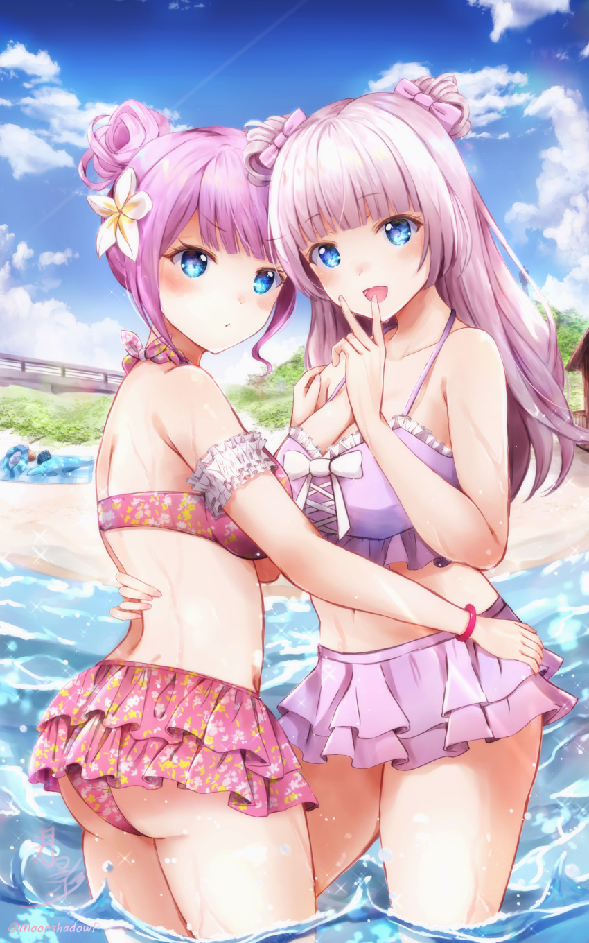2girls :d arm_garter artist_name ass assault_lily bare_arms bare_shoulders beach beach_towel bikini bikini_skirt blue_eyes blue_sky blunt_bangs blush bow bow_bikini bracelet breasts cleavage closed_mouth commentary_request cowboy_shot cross-laced_bikini cross-laced_clothes day double_bun fingernails floral_print flower frilled_bikini frills from_side getsuei_(moonshadowp) hair_bow hair_bun hair_flower hair_ornament halterneck hand_on_another's_back hand_on_another's_hip hand_on_another's_shoulder hand_up highres inflatable_dolphin inflatable_toy innertube jewelry large_breasts long_hair looking_at_viewer looking_to_the_side medium_breasts multiple_girls navel official_alternate_costume official_alternate_hairstyle open_mouth outdoors pink_bikini pink_bow pink_hair print_bikini purple_bikini sadamori_himeka short_hair signature sky smile standing stomach swimsuit tanba_akari towel twitter_username v v-shaped_eyebrows wading water wet white_bow white_flower yuri