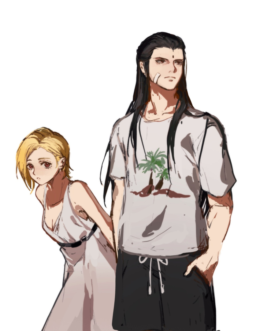 1boy 1girl :o alternate_costume arms_behind_back bandaid bandaid_on_face belt black_belt black_eyes black_hair black_shorts blonde_hair chinese_commentary commentary_request crisis_core_final_fantasy_vii dangle_earrings drawstring dress earrings elena_(ff7) expressionless facial_mark final_fantasy final_fantasy_vii forehead_mark hand_in_pocket highres jewelry kojimarie leaning leaning_forward long_hair looking_to_the_side palm_tree palm_tree_print parted_lips plunging_neckline red_eyes shirt short_hair shorts simple_background t-shirt tree tseng upper_body white_background white_dress white_shirt