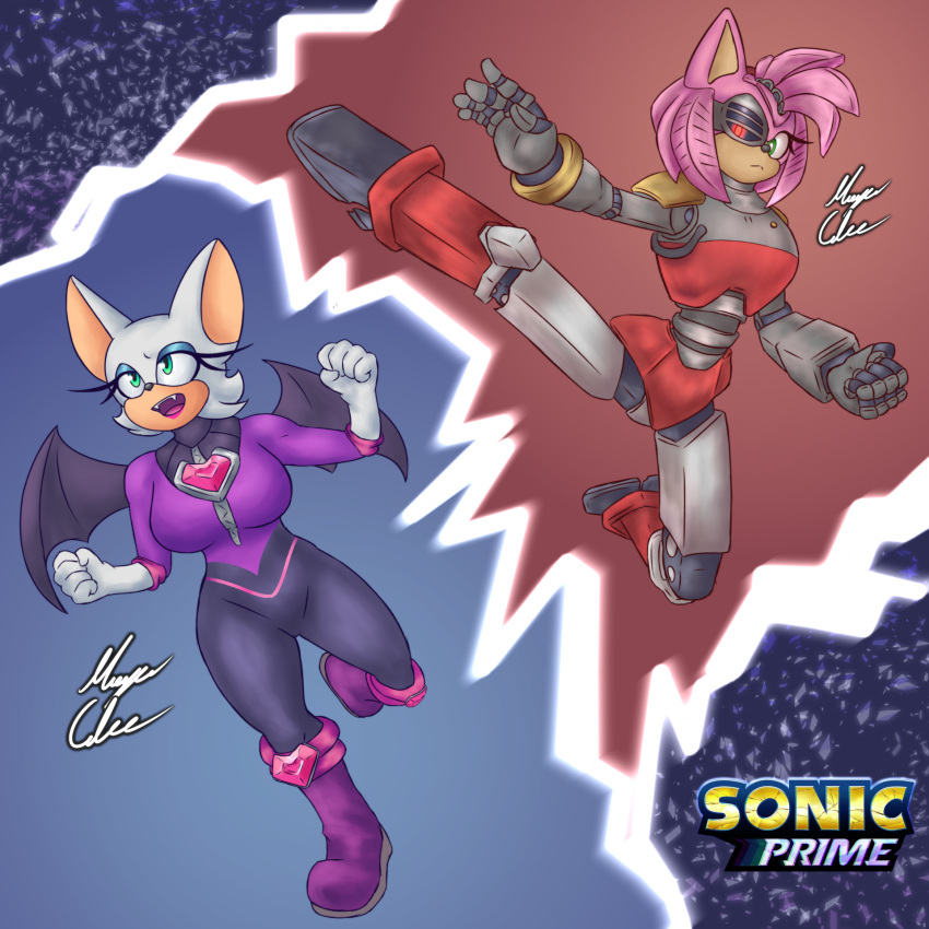1:1 amy_rose anthro bat bodysuit clothing curvaceous curvy_figure cybernetic_eye cybernetics cyborg duo eulipotyphlan eyelashes fangs female fight hedgehog hi_res kick long_eyelashes machine mammal mayaalee netflix open_mouth roboticized rouge_the_bat rusty_rose sega skinsuit sonic_prime sonic_the_hedgehog_(series) spread_wings teeth tight_clothing voluptuous wings
