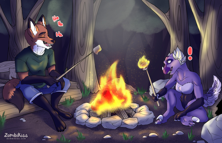 anthro campfire camping canid canine clothing dinosaur fire firepit forest fox friends invalid_tag mammal plant reptile roasting_marshmellows scalie sfw tree zombikiss
