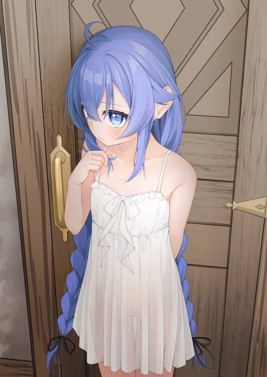 1girl ahoge bare_arms bare_shoulders black_ribbon blue_eyes blue_hair braid breasts collarbone commentary_request door dress frilled_dress frills groin hair_between_eyes hair_ribbon hand_up highres hijouguti indoors long_hair looking_to_the_side low_twintails mushoku_tensei no_panties ribbon roxy_migurdia see-through sidelocks sleeveless sleeveless_dress small_breasts solo standing twin_braids twintails very_long_hair white_dress