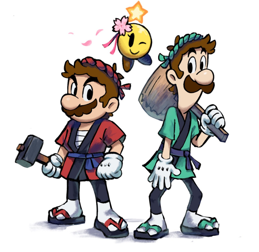 1other 2boys alternate_costume black_pants brothers brown_hair facial_hair flower full_body gloves green_shirt hammer highres holding holding_hammer holding_mallet japanese_clothes looking_at_viewer luigi mallet mari_luijiroh mario mario_&amp;_luigi_rpg mario_(series) masanori_sato_(style) multiple_boys mustache one_eye_closed pants pink_flower red_shirt shirt short_hair short_sleeves siblings simple_background socks starlow white_background white_gloves white_socks