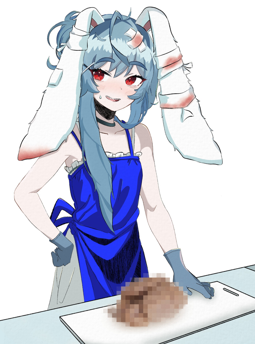 1girl absurdres ahoge animal_ears apron bad_food bandages bare_arms bare_shoulders black_choker blood blood_stain blue_apron blue_gloves blue_hair blush choker cowboy_shot cutting_board dot_nose dress food gloves hair_bun hand_on_own_hip highres indie_virtual_youtuber long_hair looking_to_the_side lop_rabbit_ears noiriririri open_mouth para_(vtuber) rabbit_ears red_eyes sharp_teeth spaghetti_strap sundress sweat teeth tsurime upper_teeth_only white_background white_dress