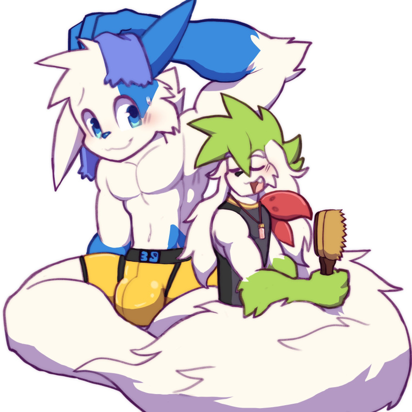 anthro blue_eyes briefs brush bulge clothed clothing duo eyes_closed fur generation_3_pokemon generation_4_pokemon hair hairbrush hi_res legendary_pokemon male multicolored_body muscular nintendo pokemon pokemon_(species) shaymin shiny_pokemon sitting sky_forme_shaymin sleeveless_shirt tail underwear underwear_only whiteleo zangoose