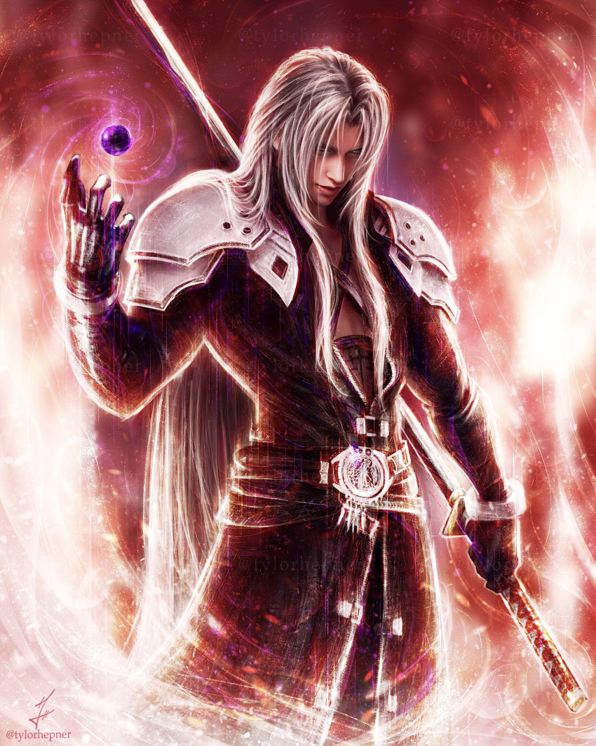 1boy absurdres armor belt black_gloves black_jacket black_pants chest_strap closed_mouth commentary cowboy_shot english_commentary final_fantasy final_fantasy_vii final_fantasy_vii_remake gloves green_eyes grey_hair hand_up highres holding holding_sword holding_weapon jacket katana light_particles long_bangs long_hair long_sleeves male_focus masamune_(ff7) multiple_belts pants parted_bangs realistic sephiroth shoulder_armor signature solo sword tylor_hepner very_long_hair weapon