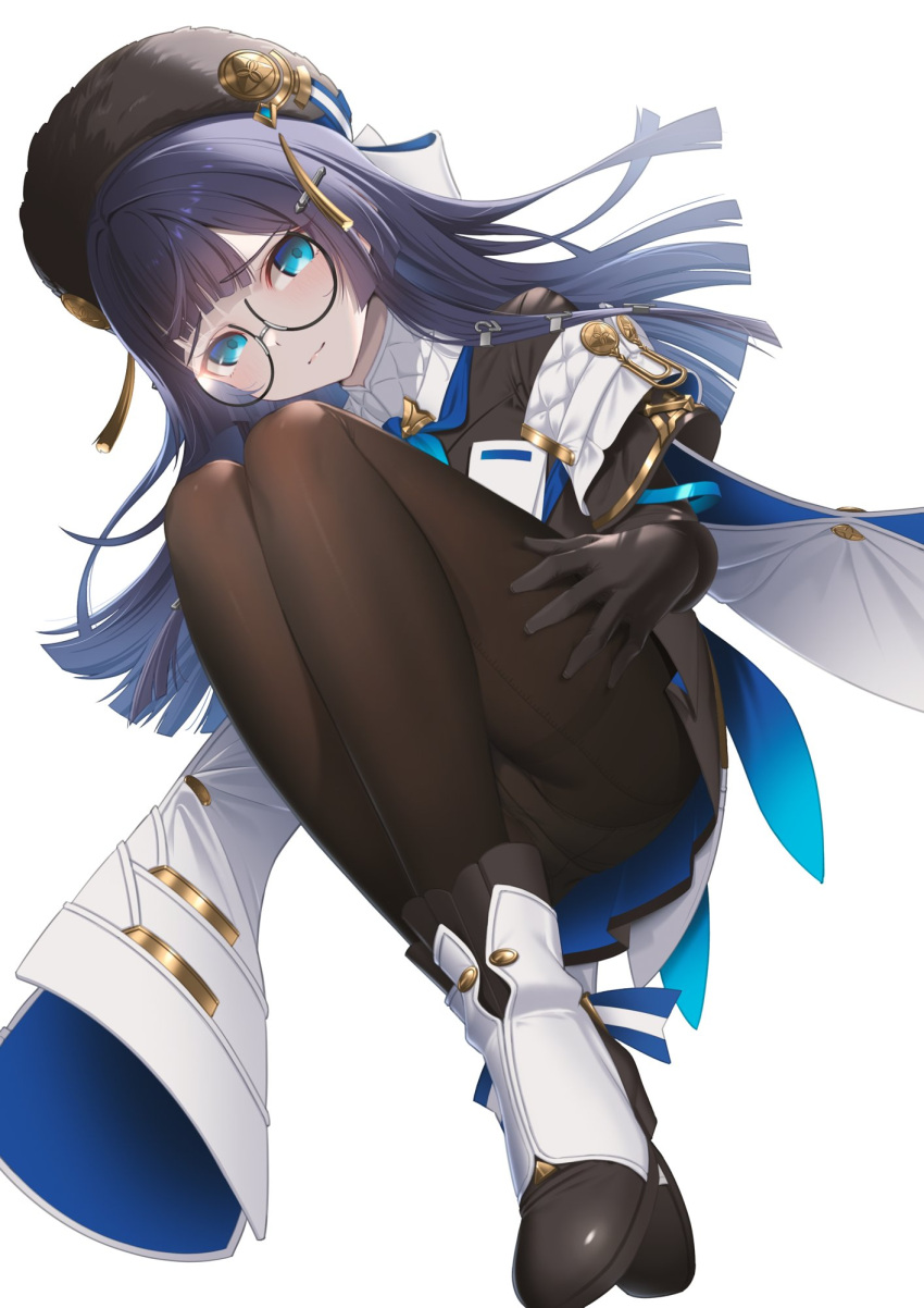 1girl ankle_boots black_gloves black_headwear black_pantyhose blue_eyes blue_hair blunt_bangs blunt_ends blush boots coat coat_on_shoulders commentary dot_nose full_body glasses gloves gold_trim hat hat_tassel highres honkai:_star_rail honkai_(series) knees_up light_smile long_hair looking_at_viewer meda pantyhose pela_(honkai:_star_rail) round_eyewear simple_background solo white_background white_coat white_footwear