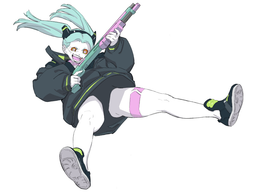 1girl :d absurdres artificial_eye black_jacket breasts colored_sclera colored_skin commentary_request cyberpunk_(series) cyberpunk_edgerunners cyborg full_body green_hair gun highres holding holding_gun holding_weapon jacket kaneko_yuuto leg_tattoo legs long_hair looking_at_viewer mechanical_eye neck_tattoo pink_tattoo rebecca_(cyberpunk) red_pupils red_sclera samurai_jacket_(cyberpunk) shotgun smile solo tattoo thighs twintails weapon white_background white_skin