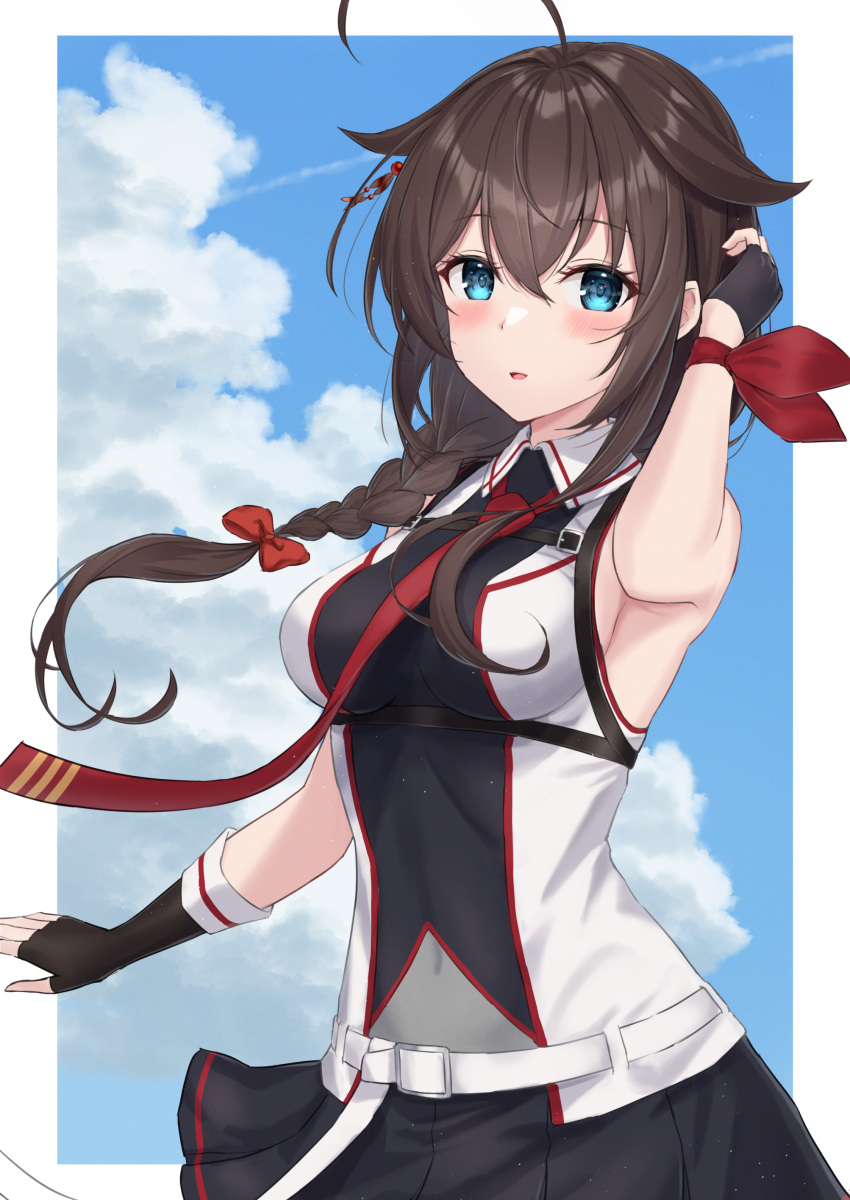 1girl absurdres ahoge bad_anatomy bad_arm belt black_gloves black_skirt blue_eyes blush braid breasts brown_hair chest_harness fingernails gloves hair_between_eyes hair_flaps harness highres kantai_collection long_hair medium_breasts monoku open_mouth pleated_skirt shigure_(kancolle) shigure_kai_san_(kancolle) single_braid skirt sky solo upper_body white_belt