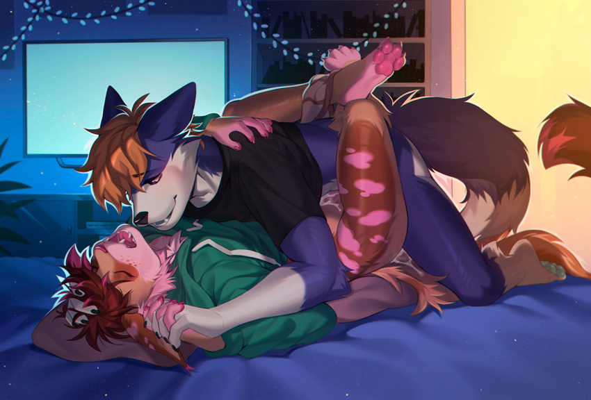 affax anthro anus bedroom big_butt blue_body blue_fur blush bodily_fluids brown_body brown_fur butt canid canine clothing cum eihman felid feline fox from_front_position fumiko fur genital_fluids hair hybrid justzen lynx male male/male mammal mating_press multicolored_body multicolored_fur multicolored_hair narrowed_eyes pawpads paws pink_body pink_fur pink_hair sabertooth_feline seductive sex smile tan_body tan_fur thick_thighs two_tone_hair underwear white_body white_fur