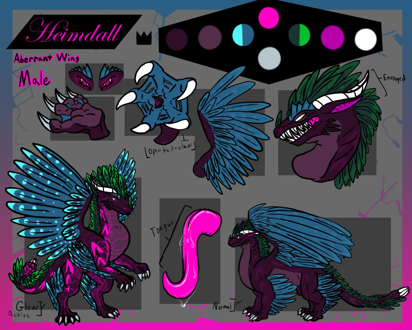 aberrant_wing claws dragon feathers feral frill_(anatomy) gills glowing glowing_markings hi_res horn long_tongue male markings membrane_(anatomy) model_sheet prince_heimdall(sirius~) spread_wings tail tail_claws talons teeth tongue universaldragon web_(disambiguation) webbed_feet wings