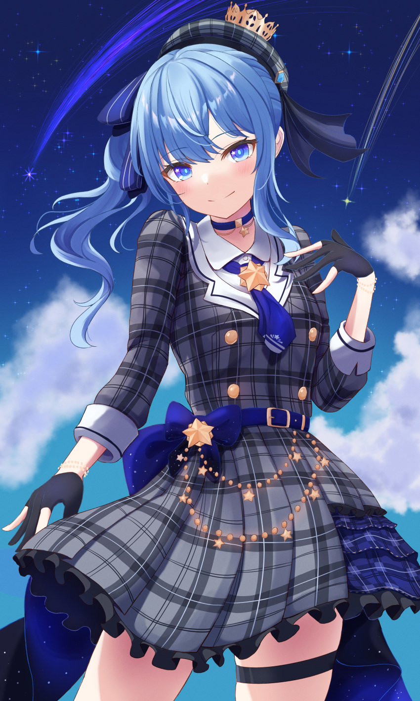 1girl absurdres ascot bead_bracelet beads belt beret black_gloves blue_ascot blue_belt blue_bow blue_choker blue_eyes blue_hair blush bow bracelet brooch choker closed_mouth cloud cowboy_shot crown dress frilled_dress frills gloves hand_up hat highres hololive hoshimachi_suisei jewelry long_hair looking_at_viewer mini_crown night night_sky p-tomi partially_fingerless_gloves plaid plaid_headwear plaid_skirt shooting_star side_ponytail skirt sky smile solo star_(sky) star_(symbol) star_choker star_in_eye starry_sky symbol_in_eye thigh_strap thighs virtual_youtuber