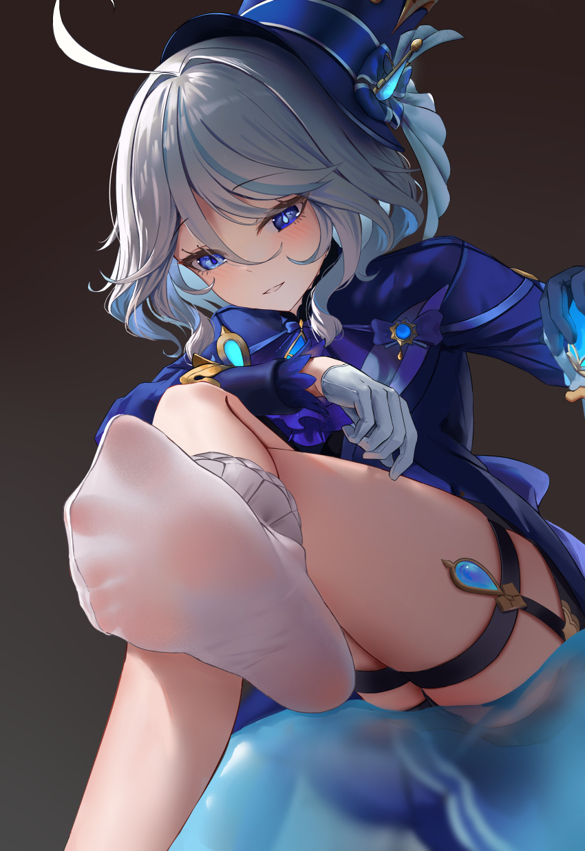 1girl absurdres ahoge ascot black_shorts blue_ascot blue_eyes blue_hair blue_headwear blue_jacket blush cowlick crossed_legs drop-shaped_pupils feet foot_out_of_frame furina_(genshin_impact) genshin_impact gloves heterochromia highres jacket long_hair long_sleeves looking_at_viewer mismatched_pupils no_shoes short_shorts shorts sitting slime_(creature) slime_(genshin_impact) socks soles solo sprygon thigh_strap toes white_gloves white_hair white_socks