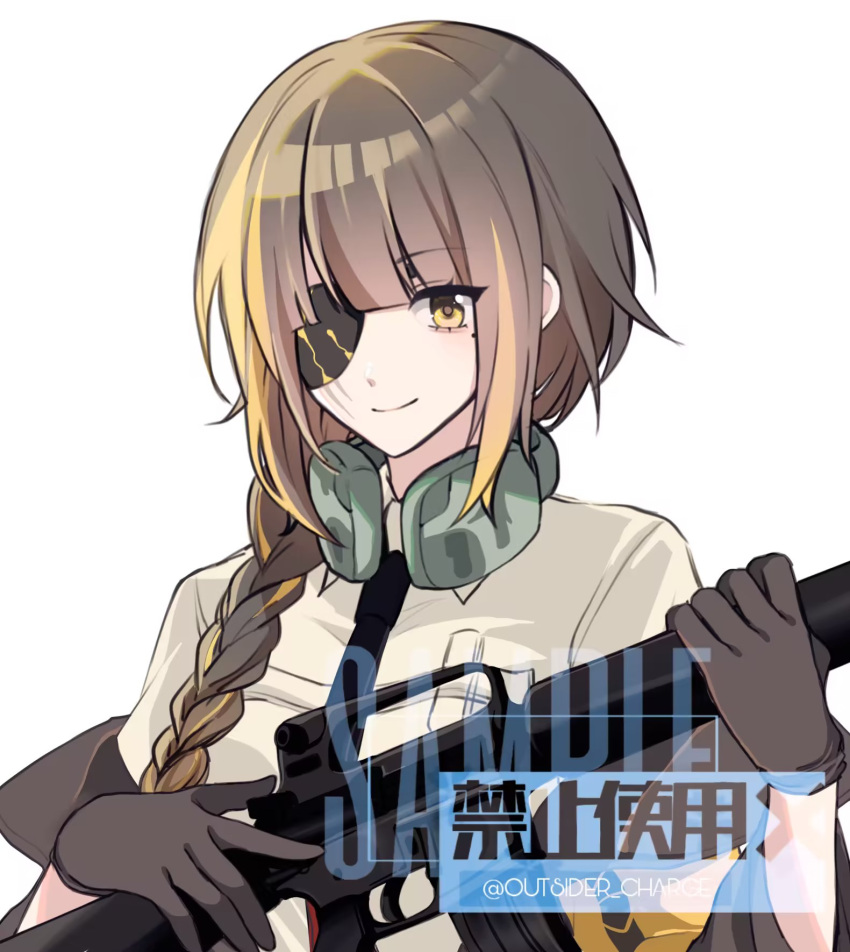 1girl black_gloves black_necktie blonde_hair braid brown_hair collared_shirt commentary commission girls'_frontline gloves gun headphones headphones_around_neck highres holding holding_gun holding_weapon jacket long_hair m16a1 m16a1_(girls'_frontline) multicolored_hair name_connection necktie object_namesake off_shoulder open_clothes open_jacket sample_watermark shadow71580825 shirt short_sleeves simple_background single_braid solo streaked_hair twitter_username upper_body weapon white_background white_shirt yellow_jacket