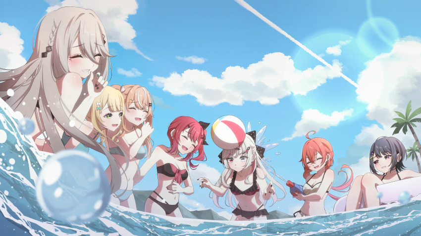 6+girls absurdres akashi_(4kc_27) ball beachball bikini bikini_skirt black_bikini black_bow black_hair black_nails blonde_hair blue_bikini blue_sky bow braid closed_eyes cloud contrail day french_braid green_eyes grey_hair hair_bow hair_bun heterochromia highres holding holding_water_gun idios igarashi_rika ishigami_nozomi kaburaki_roco koshimizu_toru kuramochi_meruto laughing lens_flare long_hair microskirt mole mole_under_eye multi-strapped_bikini multiple_girls navel nijisanji ocean orange_hair outdoors palm_tree plaid plaid_bikini red_eyes red_hair shishido_akari side-tie_bikini_bottom side_ponytail single_side_bun skirt sky smile sophia_valentine strapless strapless_bikini super_soaker swimsuit tree twin_braids very_long_hair virtual_youtuber wading water water_drop water_gun