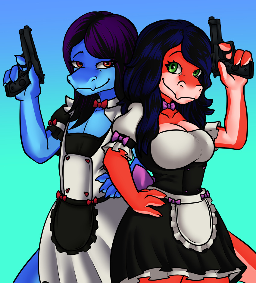 absurd_res anthro beaverbastard blue_body blue_hair blue_scales bow_tie breasts cleavage clothed clothing cobalt_(brighton1138) duo eyelashes female feylene_(brighton1138) girly green_eyes gun hair handgun hi_res highlights_(coloring) kobold long_hair maid_uniform male male/female pistol pose purple_hair ranged_weapon red_body red_eyes red_scales scales sibling smile twins uniform weapon