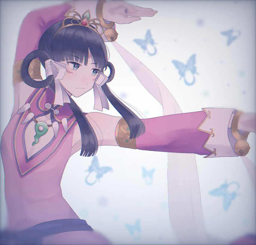 1girl ace_attorney bell black_hair blue_eyes blurry bracelet bug butterfly cleavage_cutout closed_mouth clothing_cutout collared_shirt crown detached_sleeves facial_mark hair_ribbon hair_rings jewelry jingle_bell long_sleeves medium_hair necklace phoenix_wright:_ace_attorney_-_spirit_of_justice pink_shirt pose_request rayfa_padma_khura'in ribbon ring sakami_ameka shirt sidelocks simple_background sleeveless sleeveless_shirt solo upper_body vignetting waist_sash white_background white_ribbon