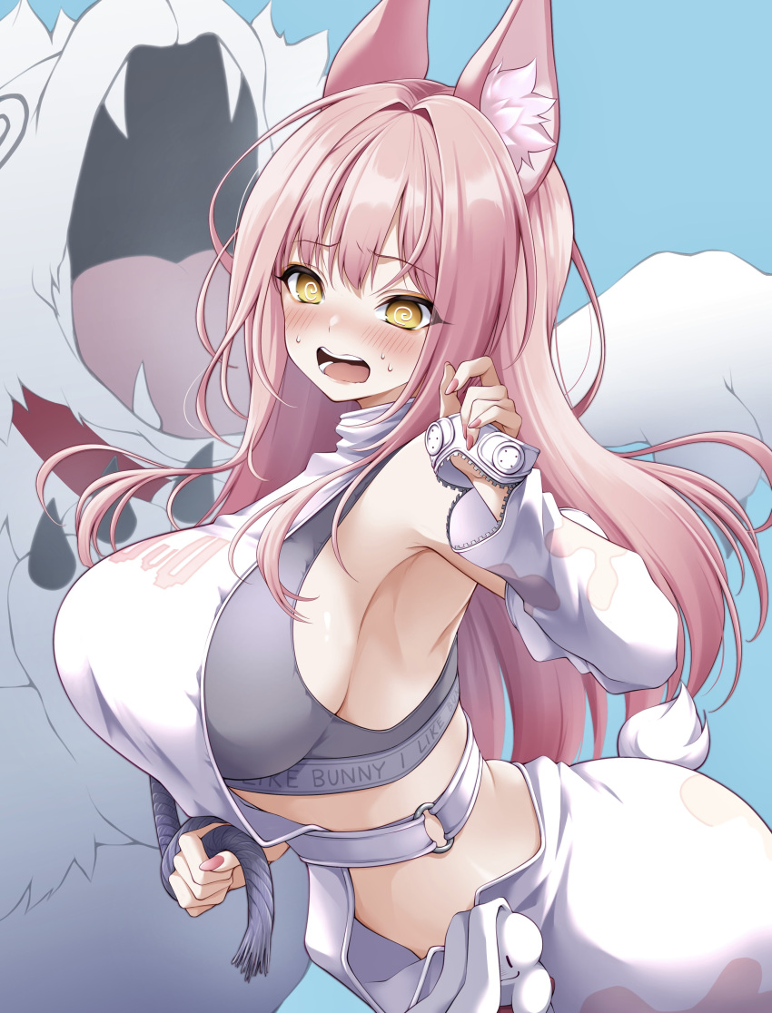 1girl @_@ absurdres animal_collar animal_ear_fluff animal_ears armpits bare_shoulders blue_background blush breasts clothes_writing collar commentary cowboy_shot detached_sleeves goddess_of_victory:_nikke hair_between_eyes hair_intakes highres holding holding_leash large_breasts leash leona_(nikke) lion long_hair looking_at_viewer nervous nose_blush open_mouth pink_hair pink_nails piyopiyomaru_(piyo8823) shirt sideboob sidelocks standing sweat tail teeth timi_(nikke) white_shirt yellow_eyes zipper