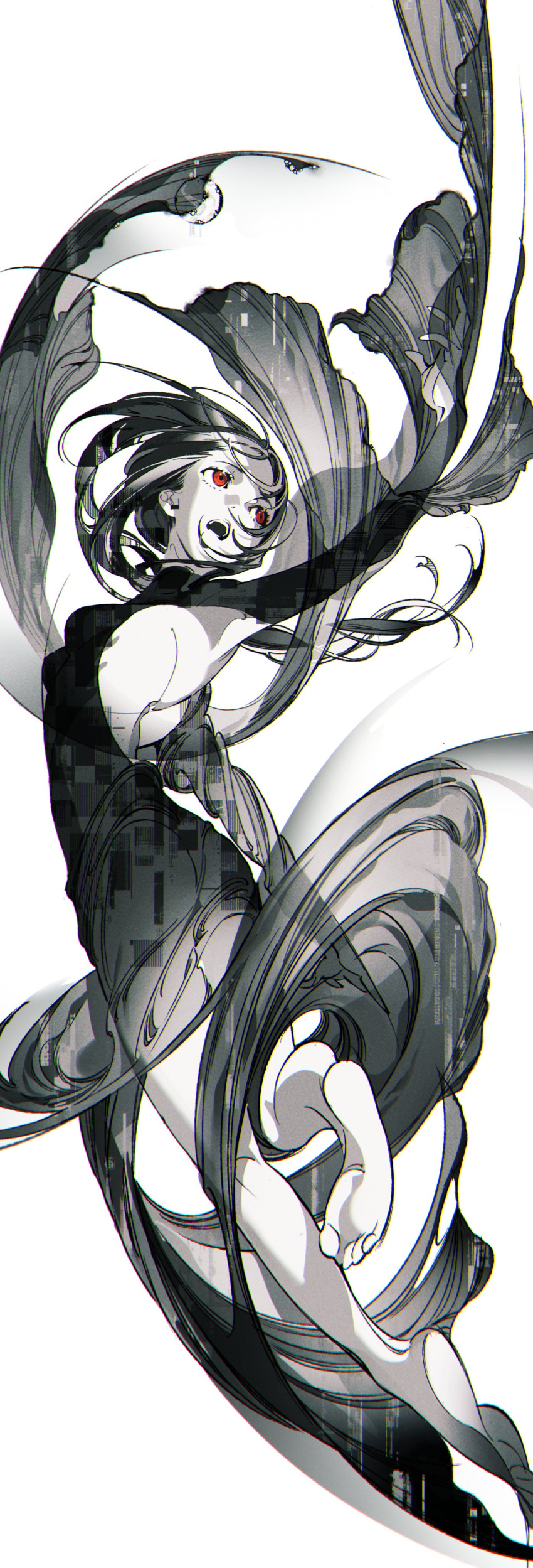 1girl absurdres acrobatics backless_dress backless_outfit barefoot black_dress black_hair breasts chromatic_aberration dress eyelashes falling floating_hair greyscale highres long_dress long_hair long_sleeves looking_up medium_breasts monochrome open_mouth original outstretched_arm reaching red_eyes shadow sidelocks simple_background solo teeth toes upper_teeth_only white_background yoneyama_mai