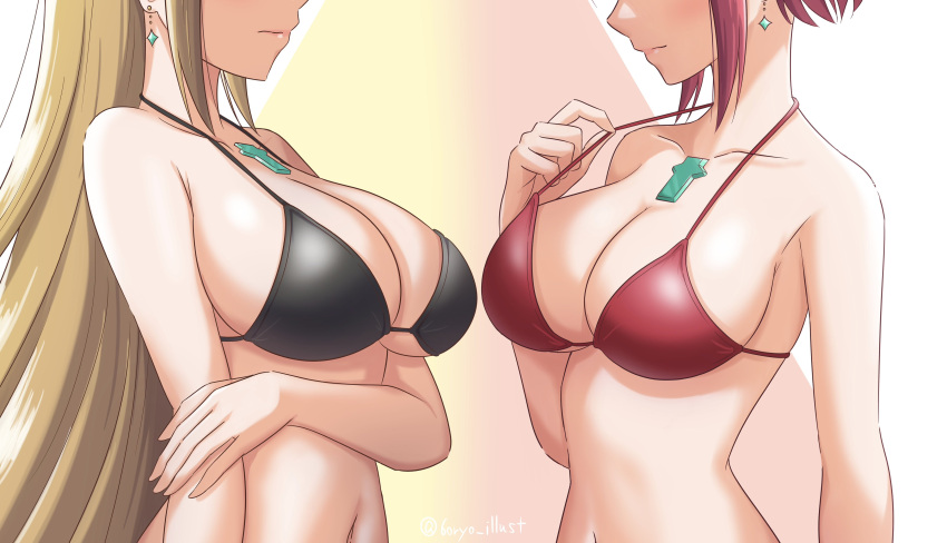 2girls absurdres arm_under_breasts armpit_crease bikini bikini_pull black_bikini blonde_hair breasts chest_jewel closed_mouth clothes_pull collarbone commentary core_crystal_(xenoblade) earrings from_side gradient_background hand_up head_out_of_frame highres jewelry large_breasts looking_at_another medium_hair multiple_girls mythra_(xenoblade) navel pink_background pulled_by_self pyra_(xenoblade) red_bikini red_hair ryochan96154 shadow sidelocks stomach swimsuit symbol-only_commentary twitter_username upper_body xenoblade_chronicles_(series) xenoblade_chronicles_2 yellow_background