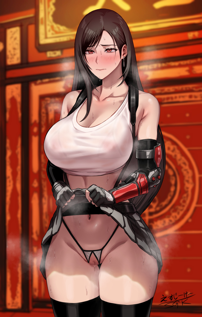 1girl absurdres bare_shoulders black_hair black_skirt black_thighhighs breasts clothes_lift commentary_request covered_nipples dangle_earrings earrings elbow_gloves elbow_pads final_fantasy final_fantasy_vii final_fantasy_vii_remake fingerless_gloves gloves highres huge_breasts jewelry lifted_by_self long_hair low-tied_long_hair micro_panties miniskirt navel no_panties panties red_eyes sgk skirt skirt_lift solo standing steam steaming_body suspender_skirt suspenders sweat tank_top textless_version thighhighs tifa_lockhart underwear variant_set very_long_hair white_tank_top