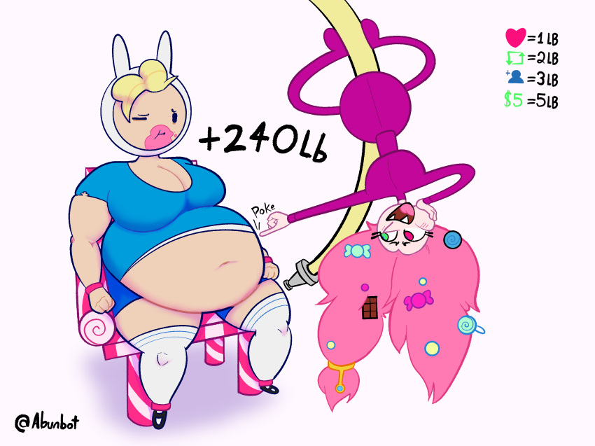 abunbot adventure_time blonde_hair breasts candy cartoon_network clothing dessert digital_media_(artwork) duo english_text female female/female fionna_the_human food hair hi_res human humanoid mammal not_furry obese overweight overweight_female simple_background smile stuffing text thick_thighs weight_gain weight_gain_drive wide_hips