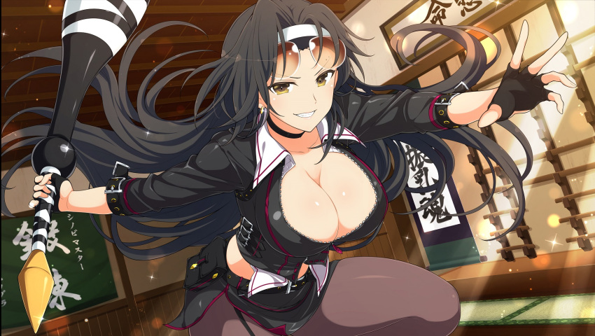 1girl black_choker breasts chalkboard choker cleavage club_(weapon) earrings eyewear_on_head fingerless_gloves gloves grin hanging_scroll highres indoors jasmine_(senran_kagura) jewelry large_breasts looking_at_viewer official_alternate_costume official_art pantyhose scroll senran_kagura senran_kagura_estival_versus senran_kagura_new_link smile solo sunglasses tatami weapon weapon_rack yaegashi_nan