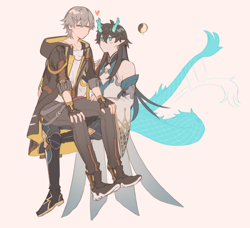 2boys bare_shoulders black_footwear black_gloves black_hair black_jacket black_pants chinese_clothes closed_eyes crossed_bangs dan_heng_(honkai:_star_rail) dan_heng_(imbibitor_lunae)_(honkai:_star_rail) detached_sleeves dragon_boy dragon_horns dragon_tail earrings english_commentary fingerless_gloves gloves green_eyes green_horns grey_hair hair_between_eyes hand_on_another's_thigh hand_on_own_knee heart honkai:_star_rail honkai_(series) horns jacket jewelry long_hair long_sleeves looking_at_another lumbbyz male_focus multiple_boys no_mouth open_clothes open_jacket orb pants pointy_ears shirt short_hair simple_background single_detached_sleeve tail white_background white_shirt yaoi yin_yang yin_yang_orb