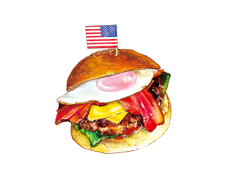 absurdres american_flag bacon burger cheese fd375575 food food_focus fried_egg highres meat no_humans original sesame_seeds simple_background still_life white_background